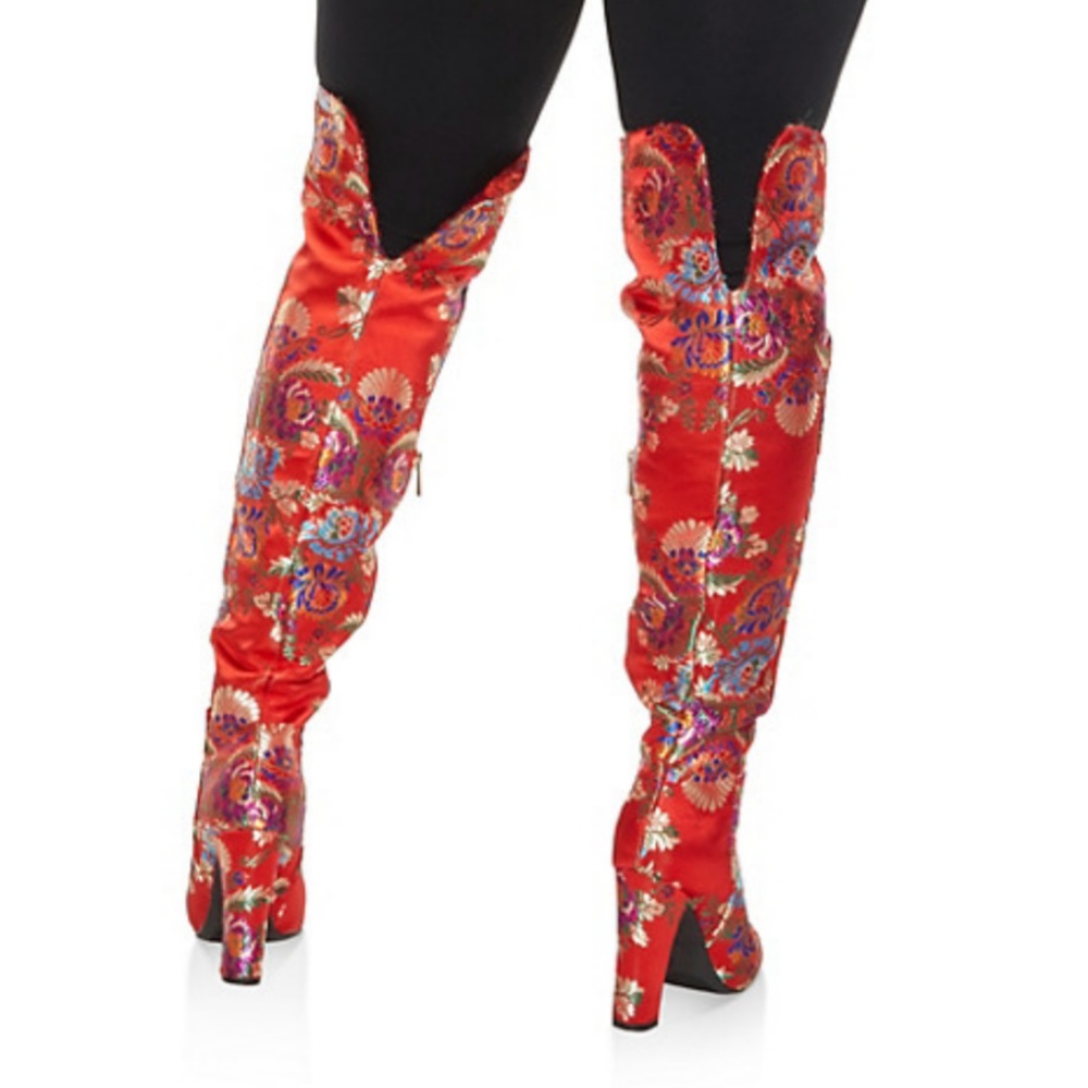 Size 5.5-7.5 BAMBOO OverKnee Red Satin Floral Boot - Picture 5 of 8